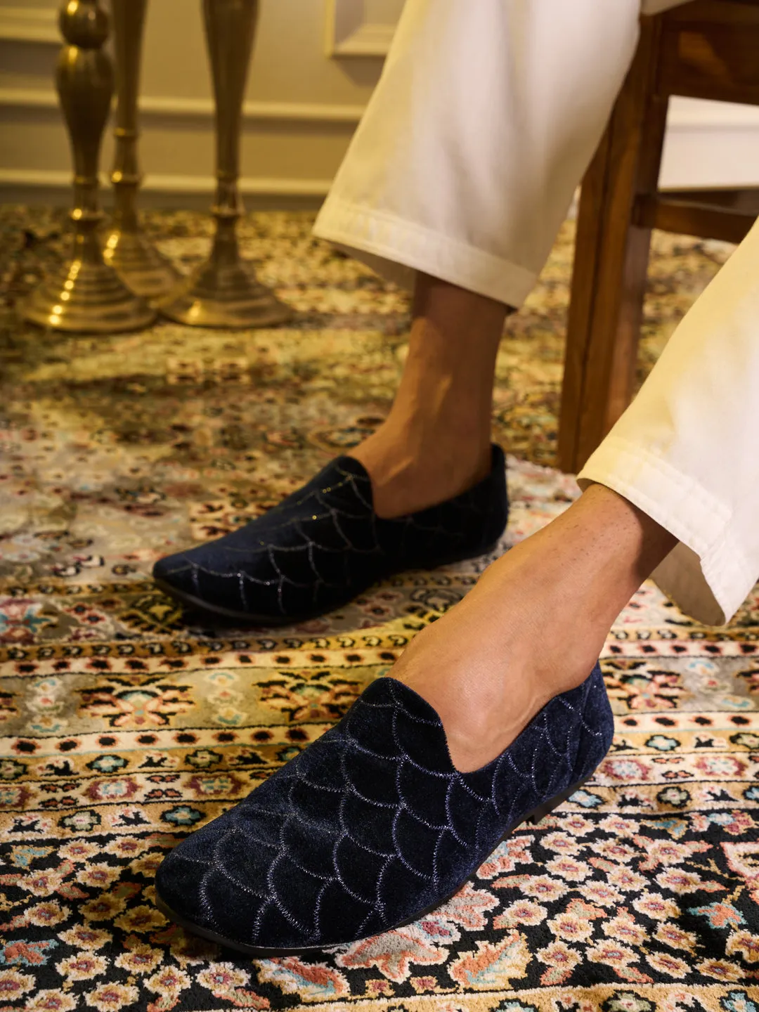 Men Blue Embellish Design Ethnic Wedding Party Pom Slip on Shoes