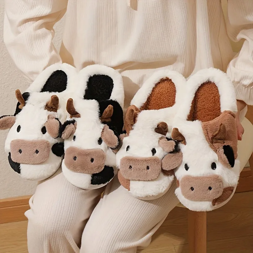 Mila - Schattige Koe Ontwerp Pluche Pantoffels, Warme Slip-On Sloffen