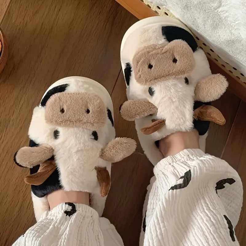 Mila - Schattige Koe Ontwerp Pluche Pantoffels, Warme Slip-On Sloffen