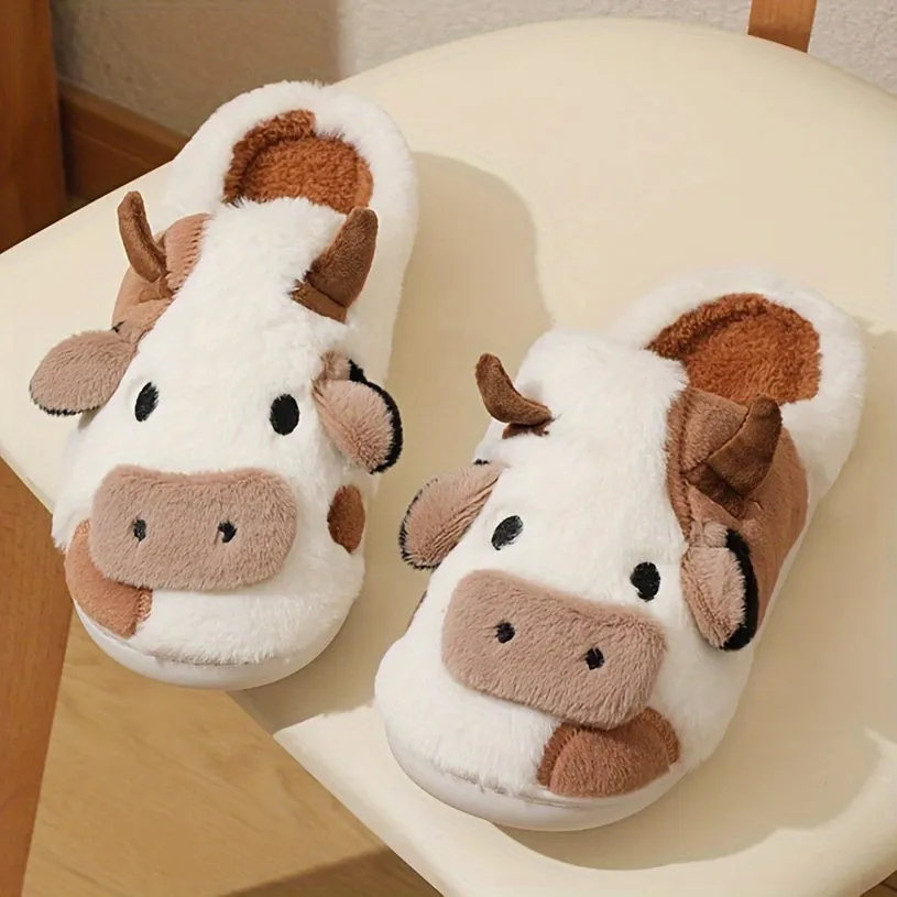 Mila - Schattige Koe Ontwerp Pluche Pantoffels, Warme Slip-On Sloffen