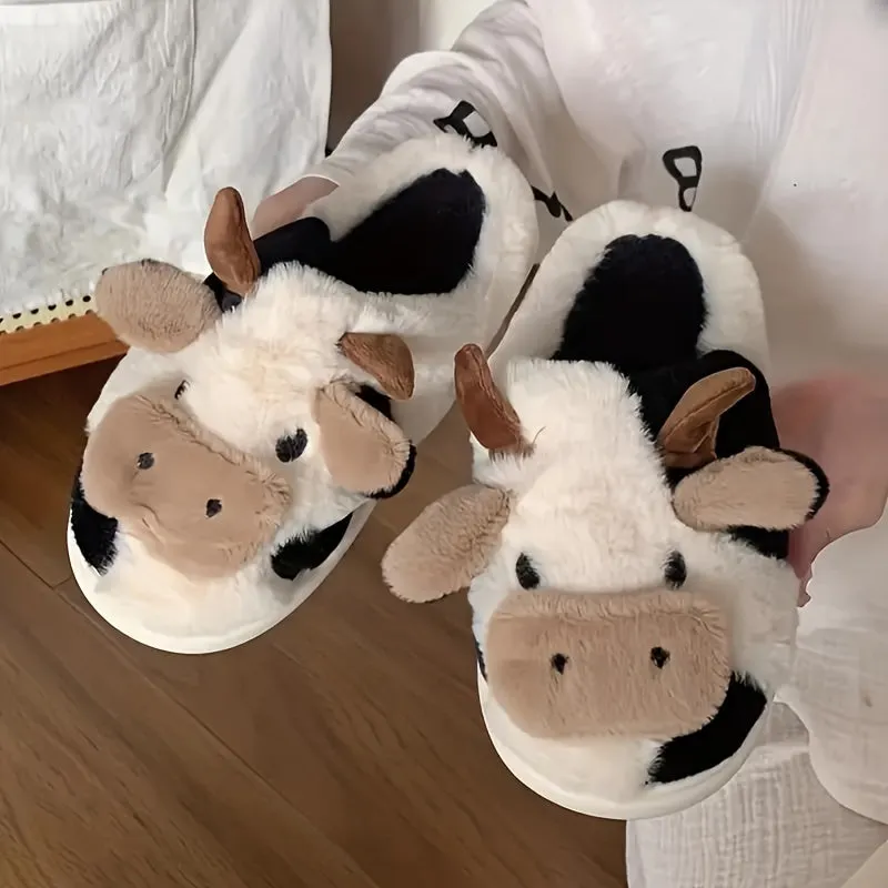 Mila - Schattige Koe Ontwerp Pluche Pantoffels, Warme Slip-On Sloffen