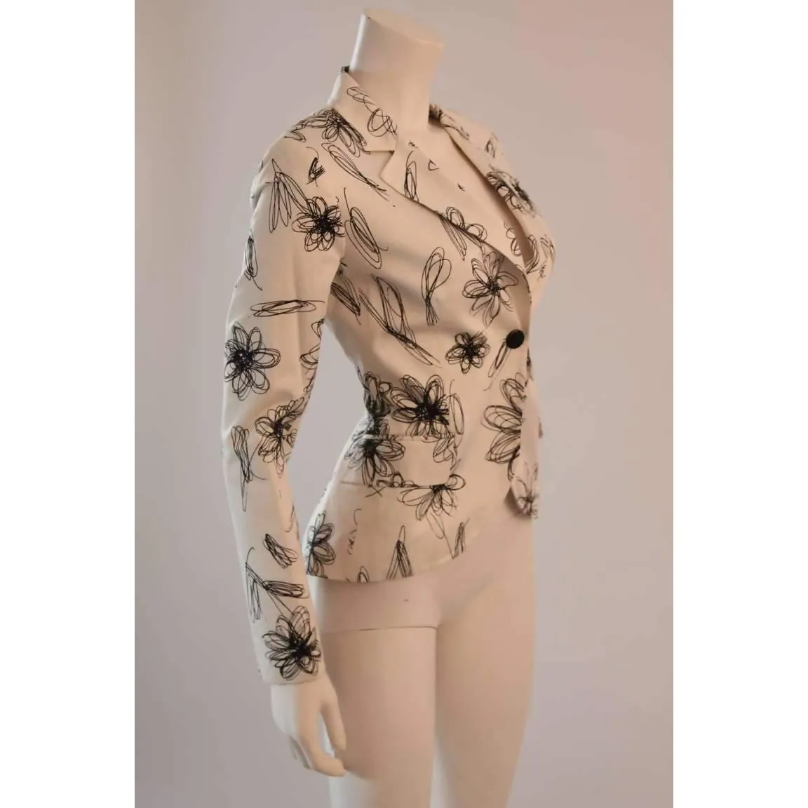 MOSCHINO White with Black Floral Sketch Single Button Blazer | Size S