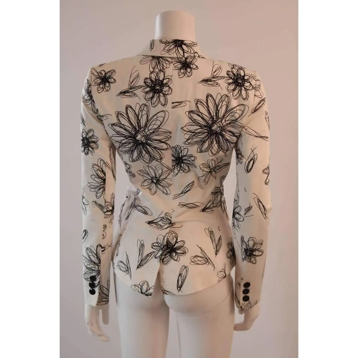 MOSCHINO White with Black Floral Sketch Single Button Blazer | Size S