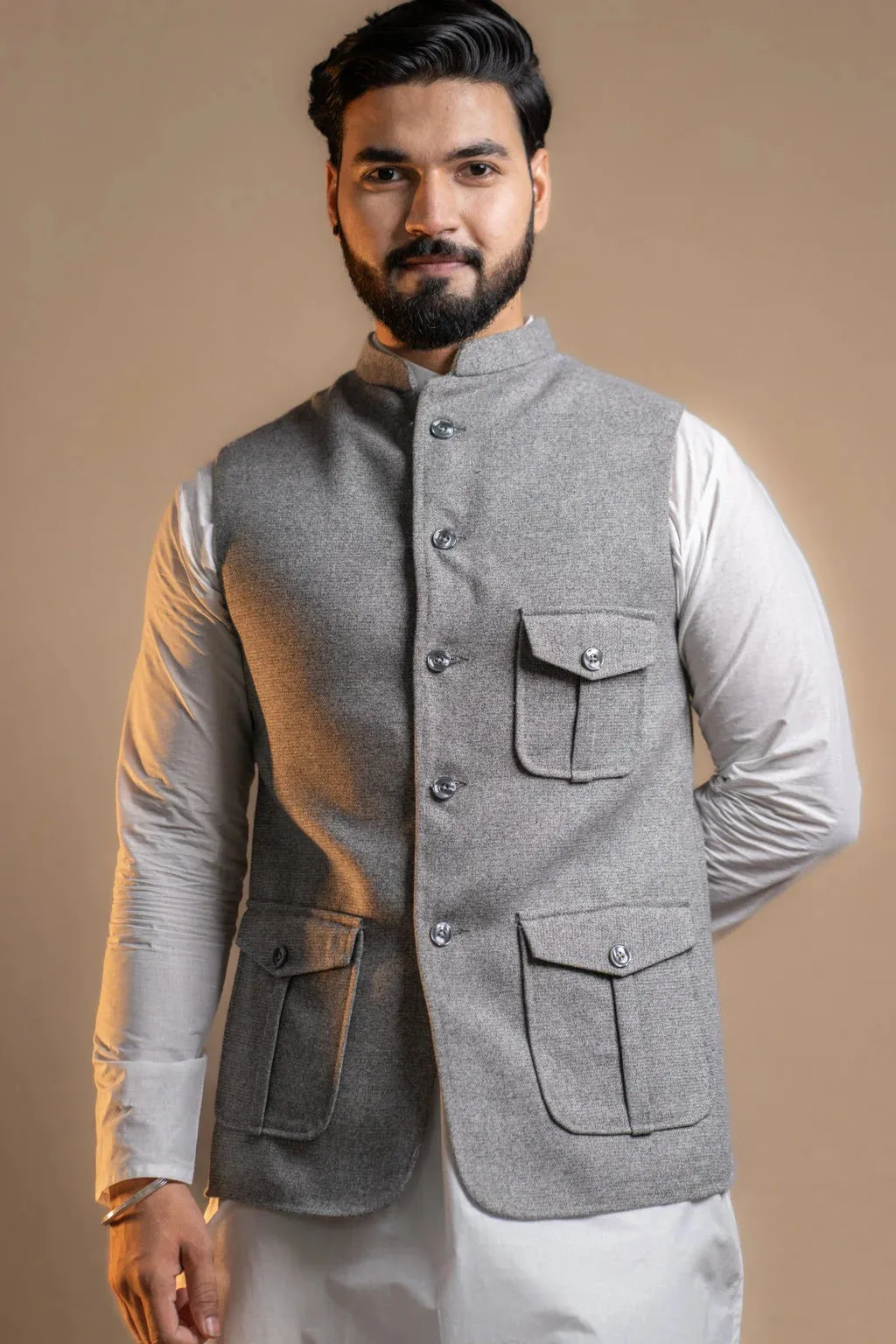 Multi-pocket Grey Nehru Jacket for Men