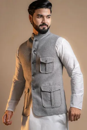 Multi-pocket Grey Nehru Jacket for Men