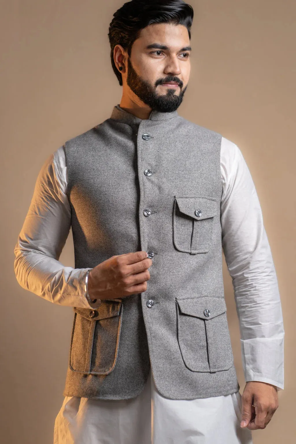 Multi-pocket Grey Nehru Jacket for Men