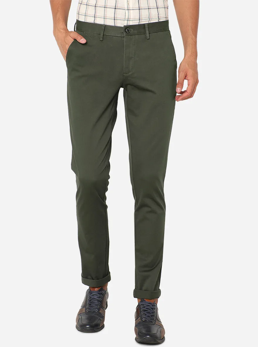 Olive Green Solid Uno Fit Casual Trouser | JadeBlue