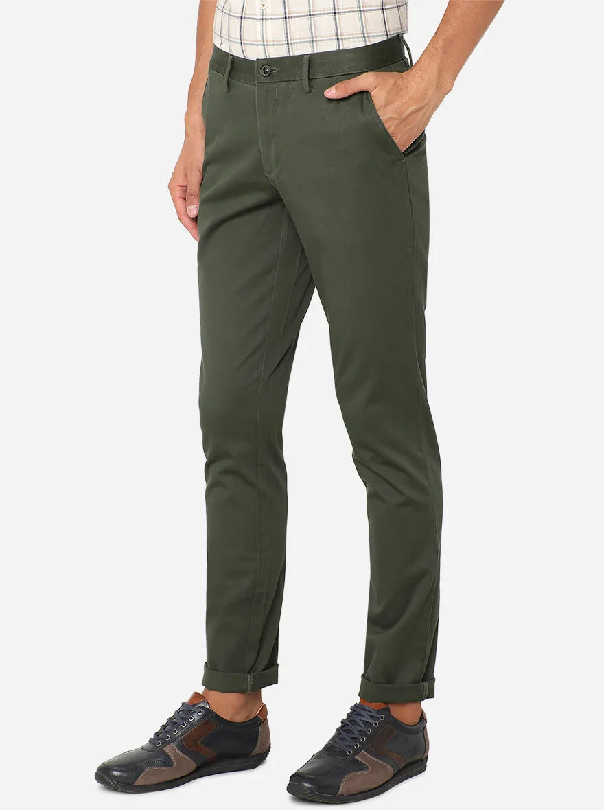 Olive Green Solid Uno Fit Casual Trouser | JadeBlue