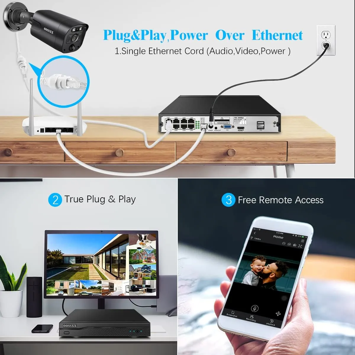 OOSSXX Black Extend Camera 4K POE 4K PIR POE Extend Camera Outdoor Indoor Video Surveillance Security Waterproof Wired POE Camera, Home IP 4K 8MP Camera, Night Vision, Just Extend POE Kits