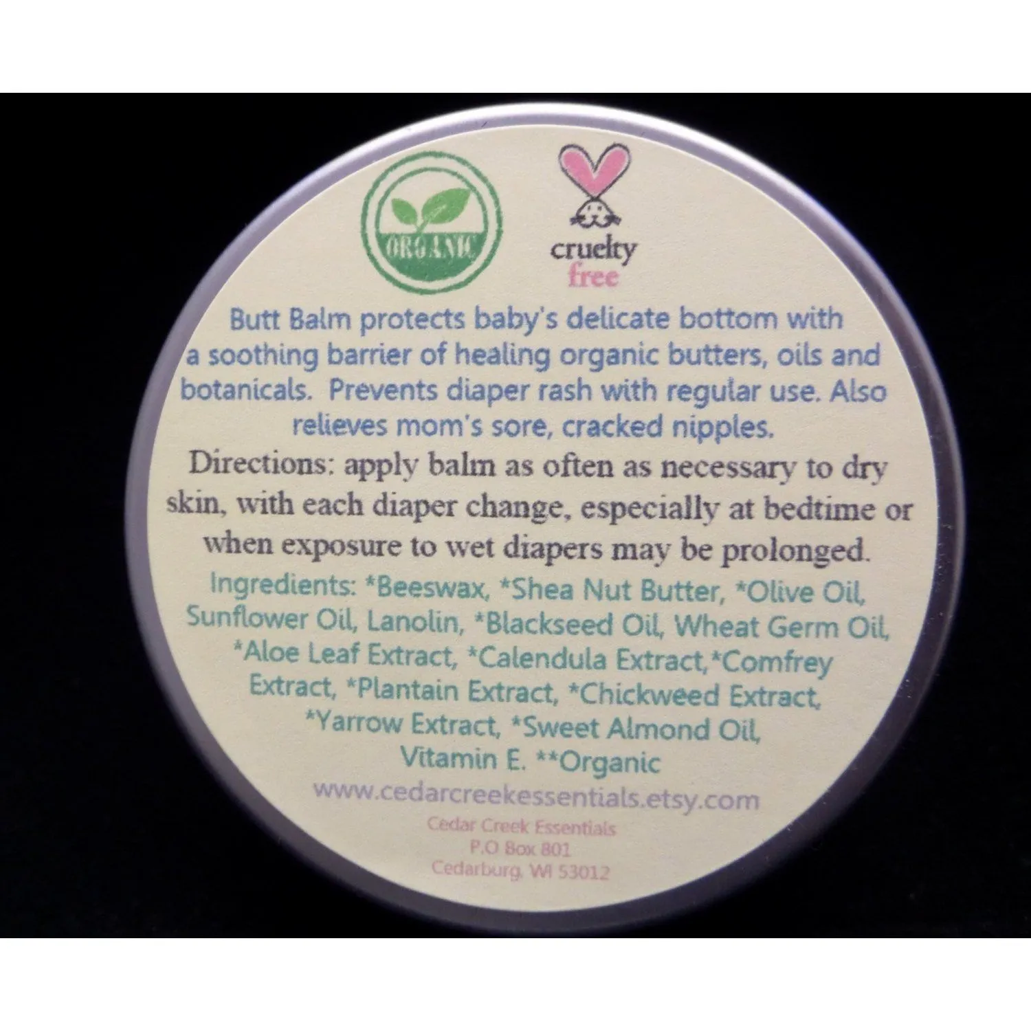 Organic Baby Butt Balm, All Natural Diaper Rash and Thrush Cream Skin Care