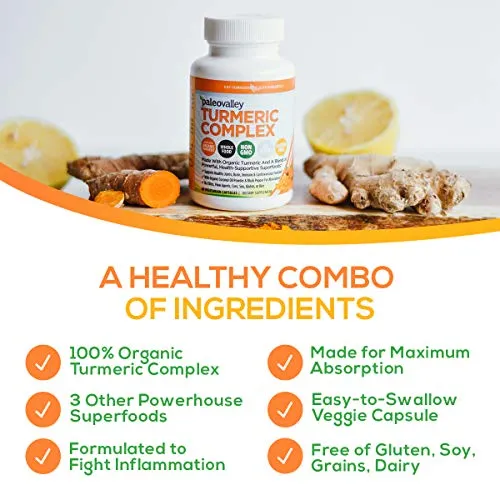 Paleovalley - Complejo de cúrcuma orgánica (60 unidades) - Suministro de 30 días - 1000 Mg de cúrcuma por porción - Fuente de superalimentos - Formulado para combatir la inflamación y el daño de ADN