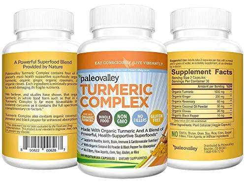 Paleovalley - Complejo de cúrcuma orgánica (60 unidades) - Suministro de 30 días - 1000 Mg de cúrcuma por porción - Fuente de superalimentos - Formulado para combatir la inflamación y el daño de ADN