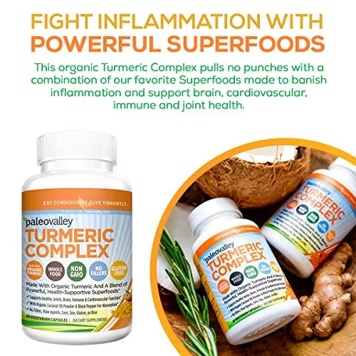 Paleovalley - Complejo de cúrcuma orgánica (60 unidades) - Suministro de 30 días - 1000 Mg de cúrcuma por porción - Fuente de superalimentos - Formulado para combatir la inflamación y el daño de ADN