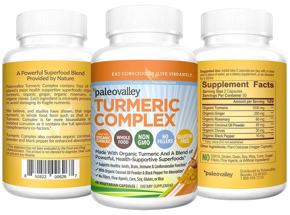 Paleovalley - Complejo de cúrcuma orgánica (60 unidades) - Suministro de 30 días - 1000 Mg de cúrcuma por porción - Fuente de superalimentos - Formulado para combatir la inflamación y el daño de ADN