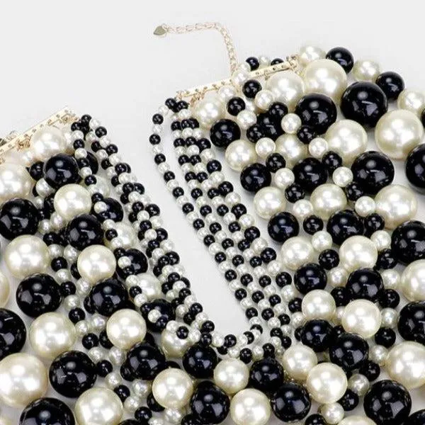 Pearl (faux) Black & Cream Bib Necklace Set