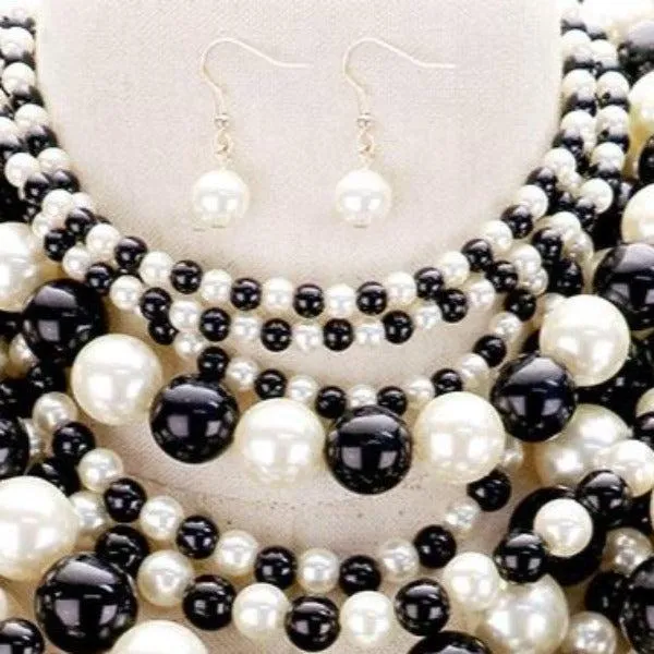 Pearl (faux) Black & Cream Bib Necklace Set