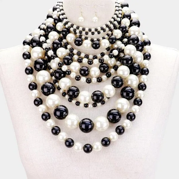 Pearl (faux) Black & Cream Bib Necklace Set