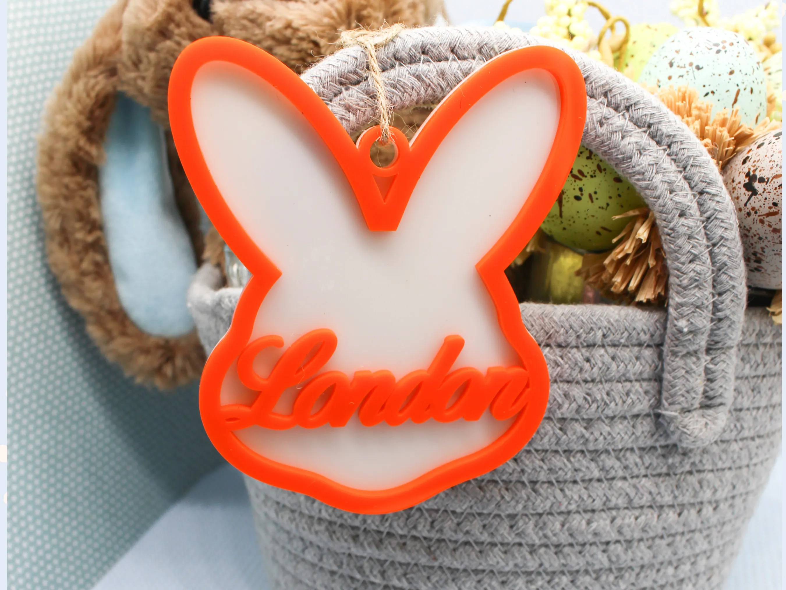 Personalized Multi-Layer Acrylic Bunny Face Tag – Custom Easter Basket Name Tag