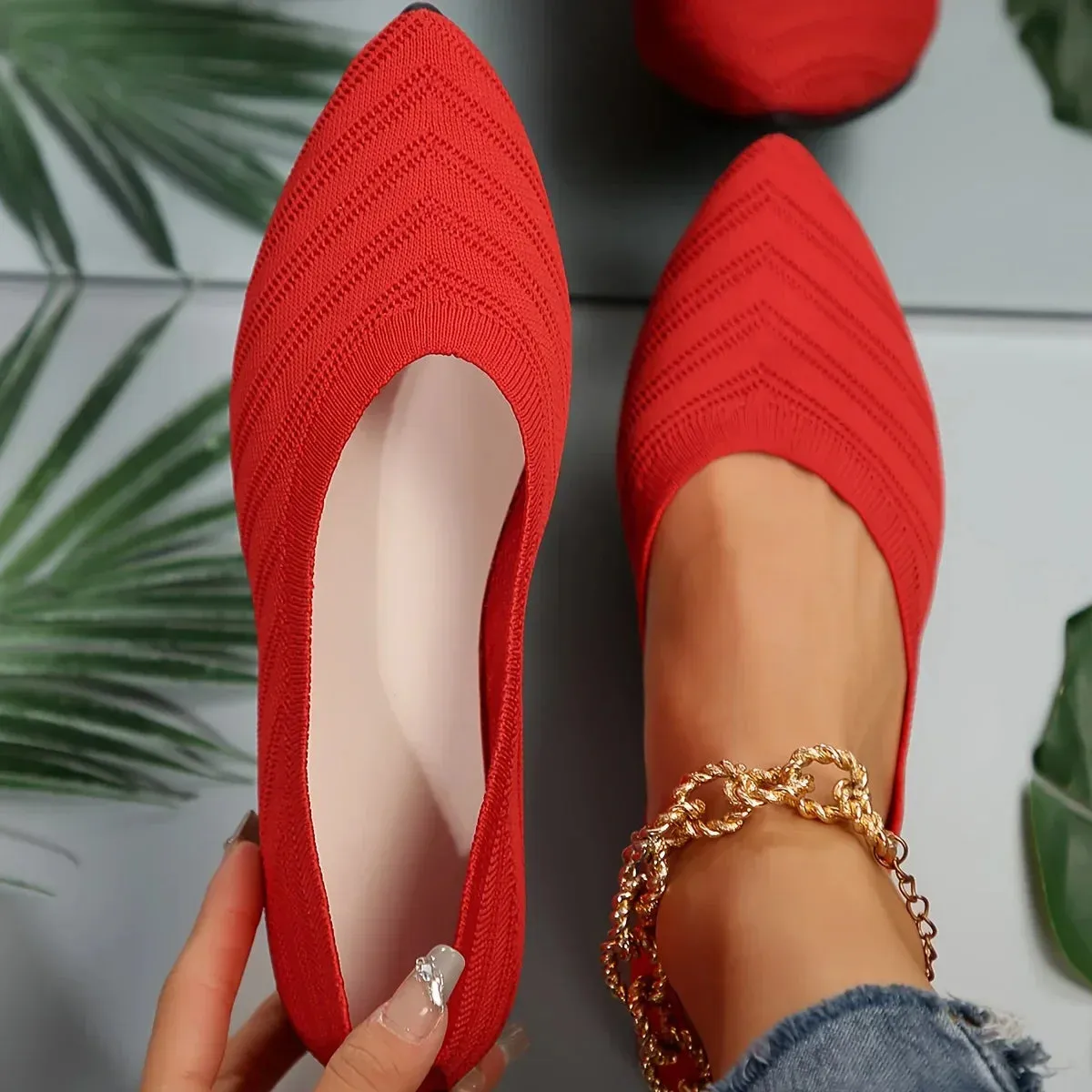 Pointed Toe Flat Shoes Women Solid Color Knitted Slip on Shoes Casual Breathable Ballet Flats Women Loafers Comfort Ladies Shoes