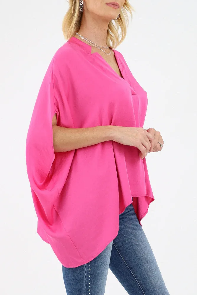 Poly Silk Double Notched Caftan Top - Fuchsia
