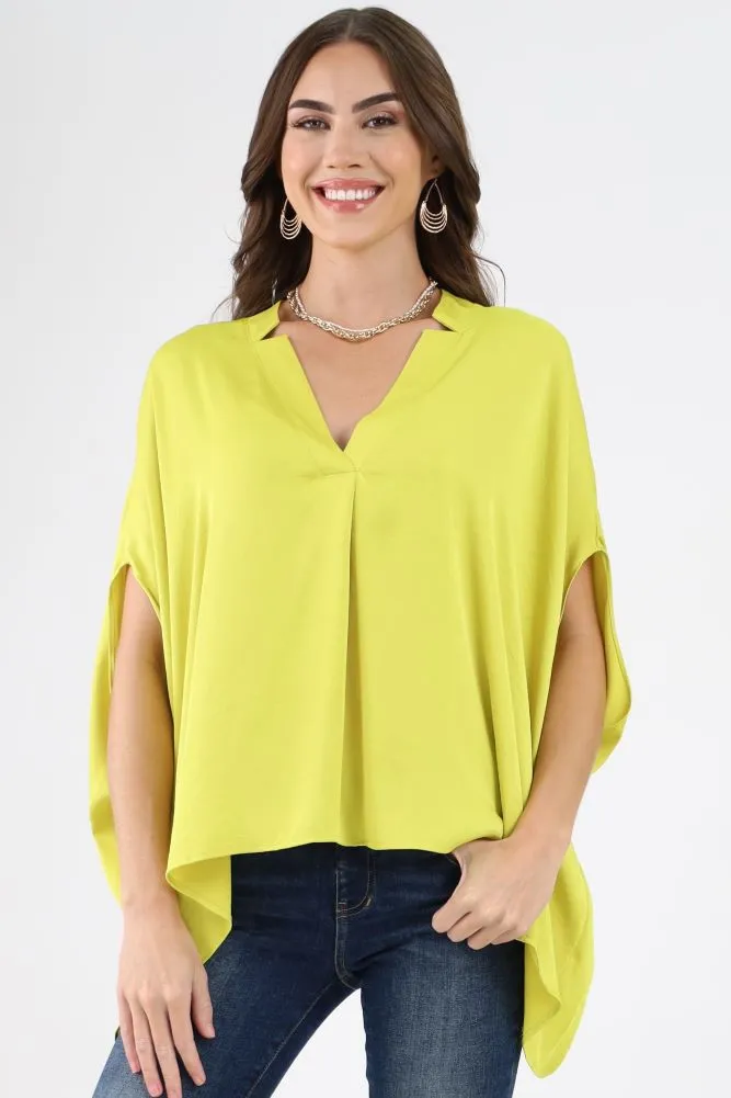 Poly Silk Double Notched Caftan Top - Fuchsia