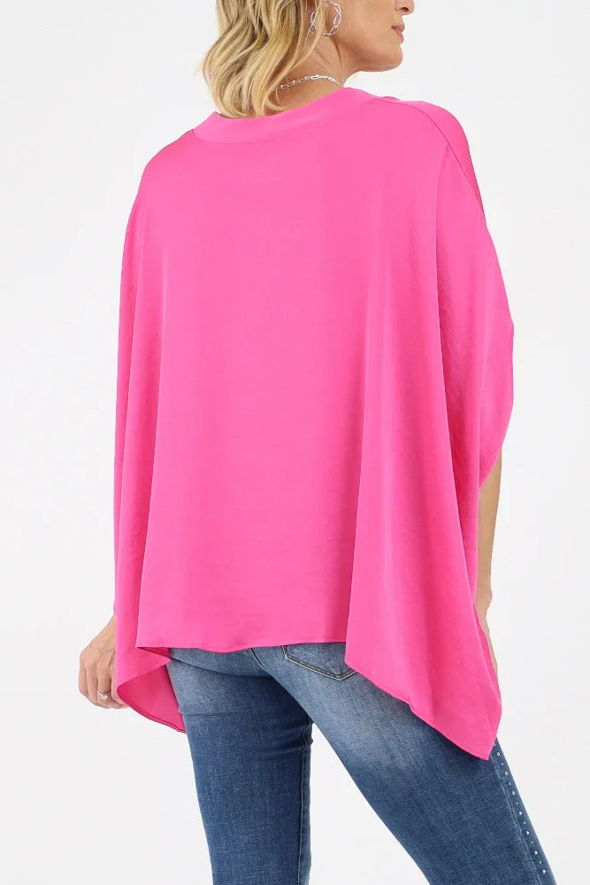 Poly Silk Double Notched Caftan Top - Fuchsia