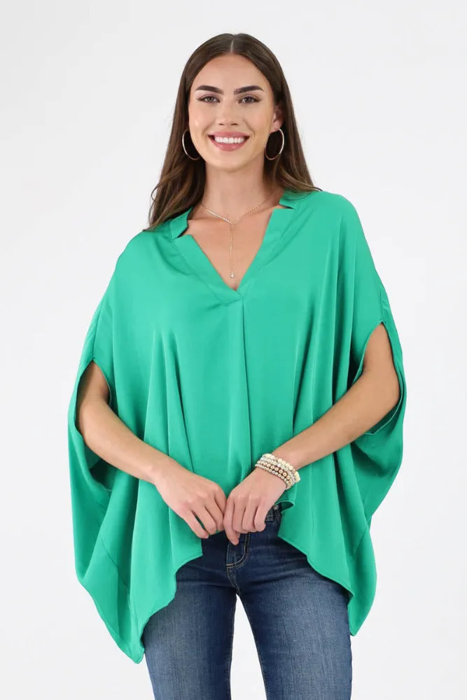Poly Silk Double Notched Caftan Top - Fuchsia