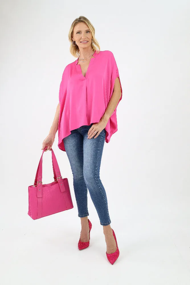 Poly Silk Double Notched Caftan Top - Fuchsia