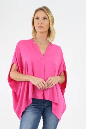 Poly Silk Double Notched Caftan Top - Fuchsia