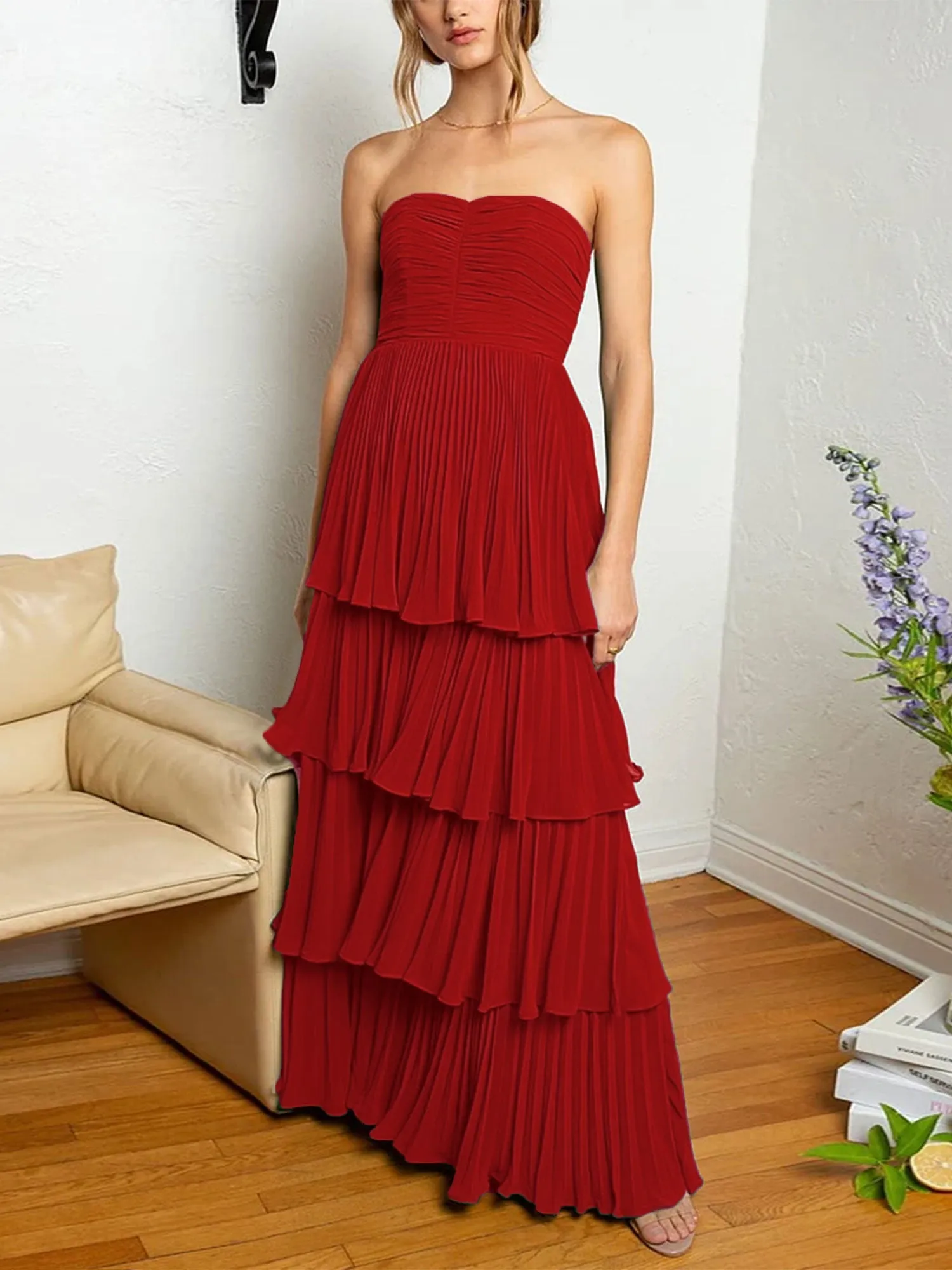 Roycebridal Khalani | Strapless Emerald Green Ruffle Multi-Layer Long Prom Dress