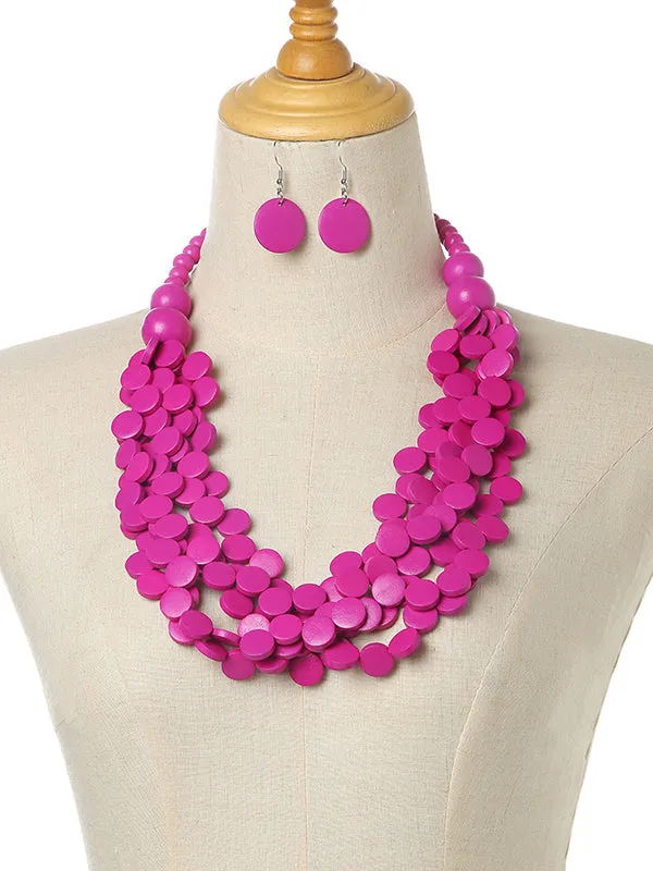 Rustic Charm Multi-Layer Wood Bead Necklace & Earring Set