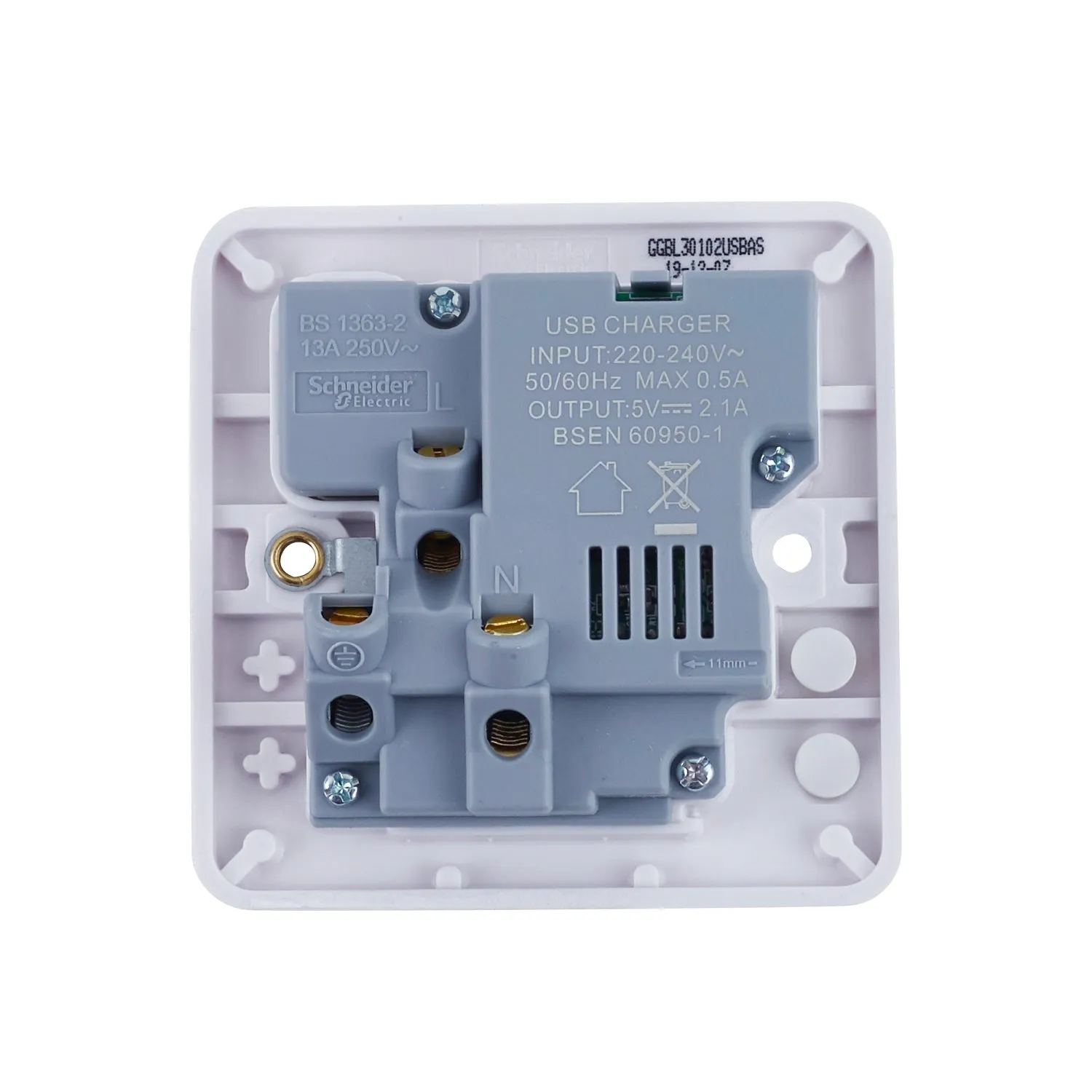 Schneider Electric GGBL30102USBAS Lisse White Moulded 13A 1G SP Switched Socket with 2xUSB 2.1A