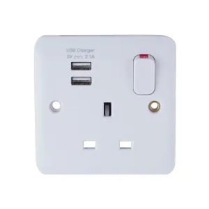 Schneider Electric GGBL30102USBAS Lisse White Moulded 13A 1G SP Switched Socket with 2xUSB 2.1A