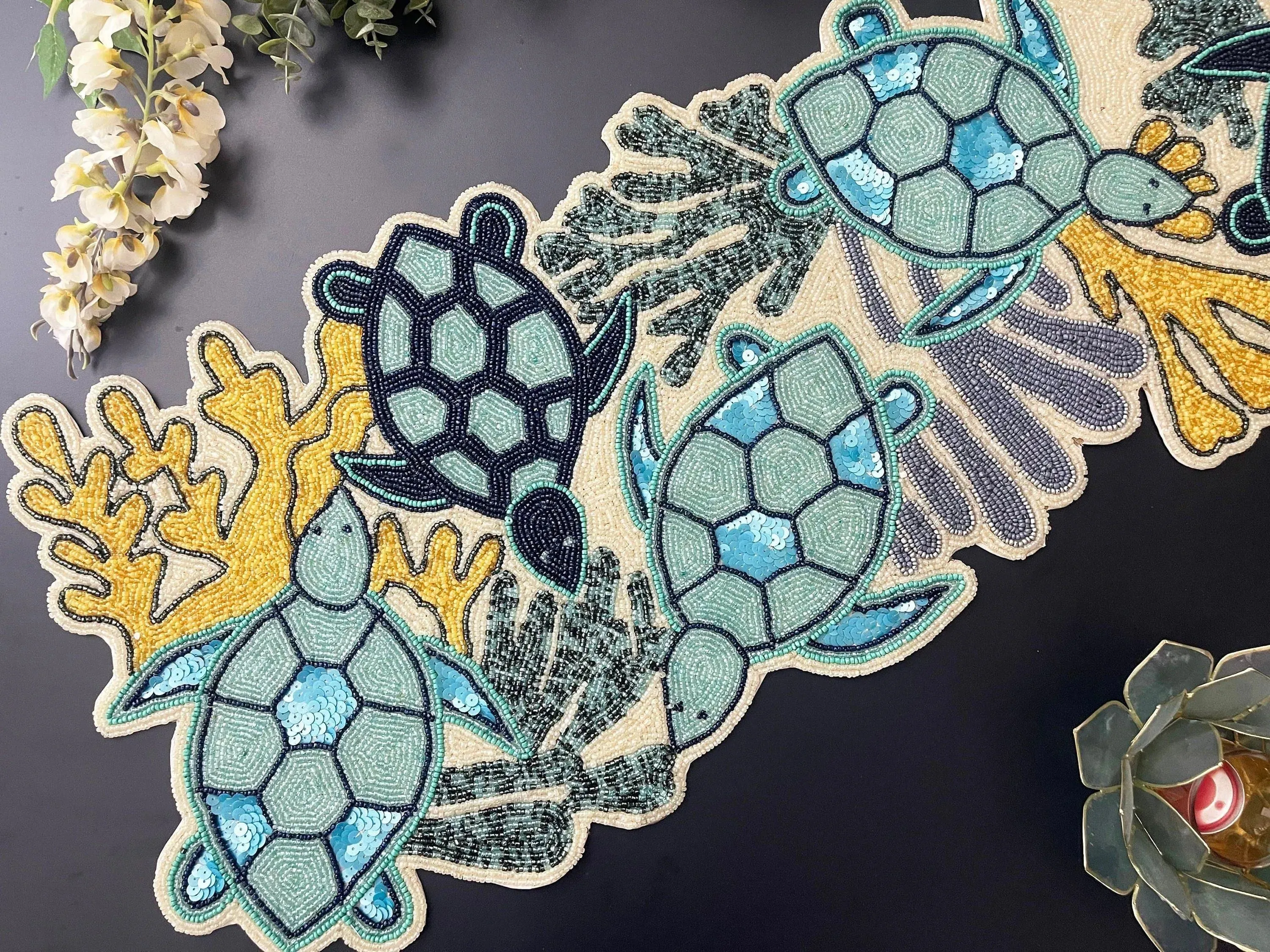 Sea turtle and Coral Coastal Beaded Table Runner