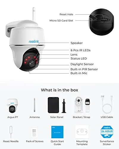 Security Camera Wireless Outdoor, Solar Powered WiFi System, Pan Tilt, 2K Night Vision, 2-Way Talk, Works with Alexa/ Google Assistant/ Cloud for Video Surveillance, REOLINK Argus PT w/ Solar Panel