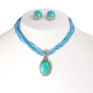 SILVER FILIGREE TURQUOISE OVAL PENDANT  NECKLACE AND EARRINGS SET #FW-SET44425/TQ (O line Top riser)