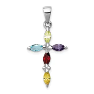 Silver Polished Multi Color C.Z Cross Pendant