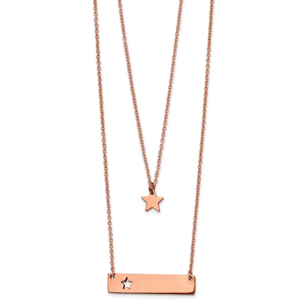 Stainless Steel Polished Rose IP Star/Bar Multi Strand 1.5in ext Necklace