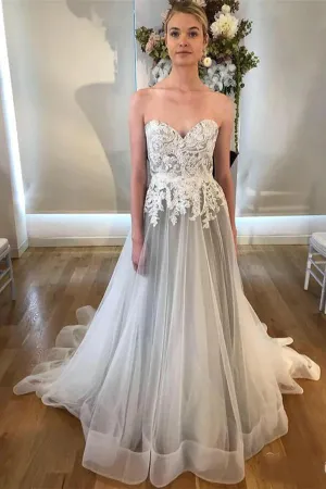 Sweetheart Neck A Line Silver Grey Long Prom Dresses Long Appliqued Evening Dresses OK2021