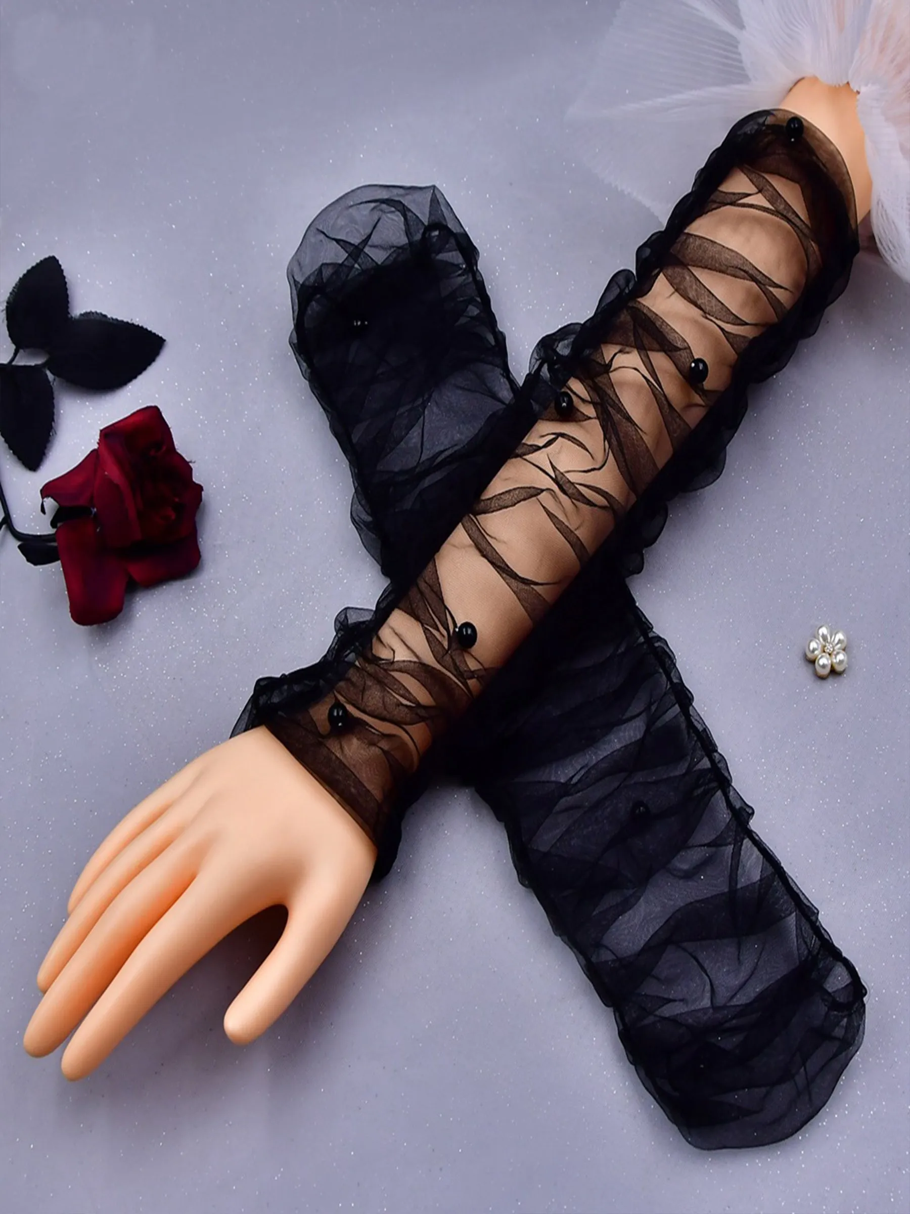 Versatile Multi Layer Fluffy Extended Pearl Long Bridal Gloves