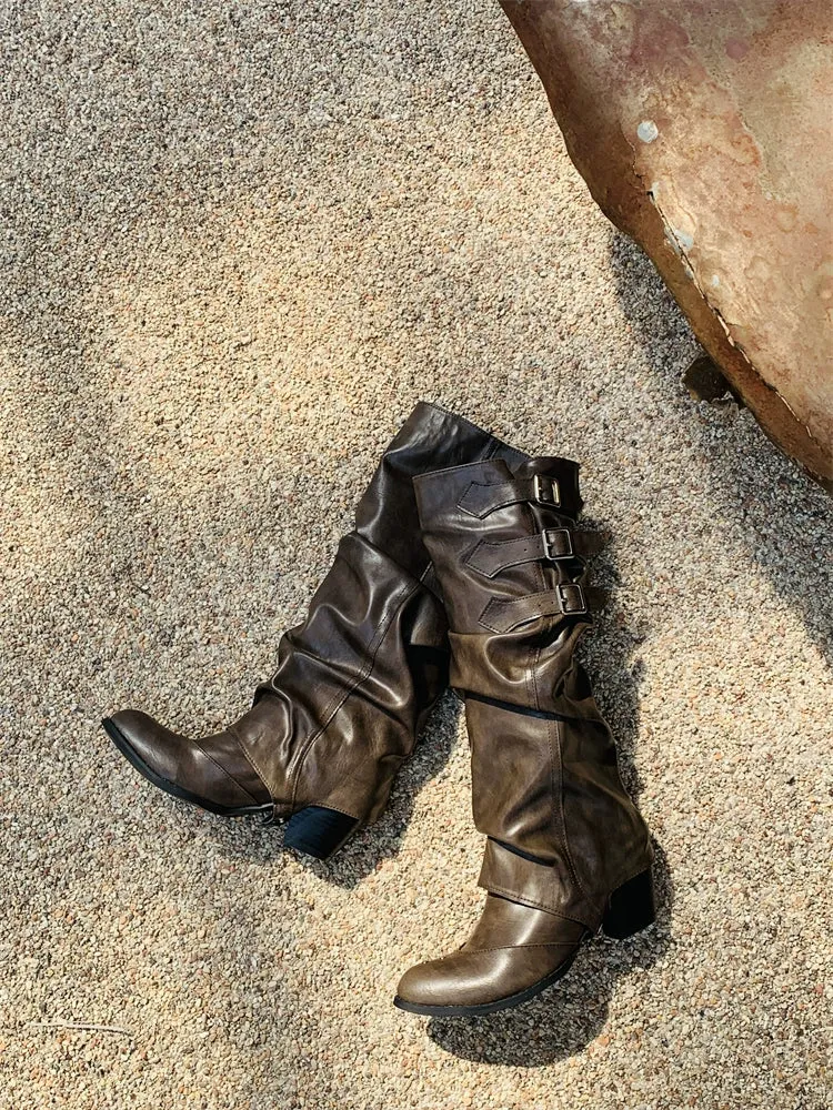 Vintage Crumpled Pile Style Boots Two-Way Long Boots Female Long Brown Boots Cowboy Boot Knight Boots Dr. Martens Boots Black Shoes