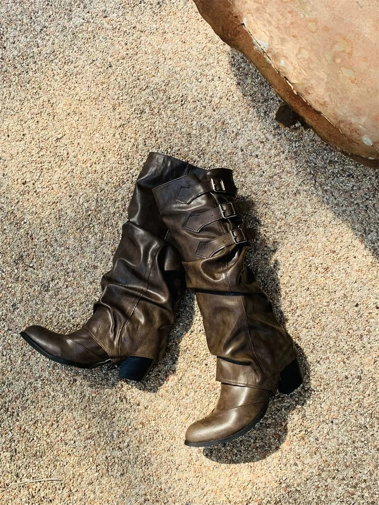 Vintage Crumpled Pile Style Boots Two-Way Long Boots Female Long Brown Boots Cowboy Boot Knight Boots Dr. Martens Boots Black Shoes