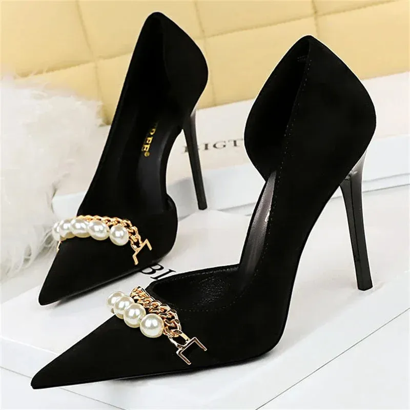 Women Pumps High Heel Pointed toe Elegant Pearl Metal Chain Hollowed Out Banquet Shoes