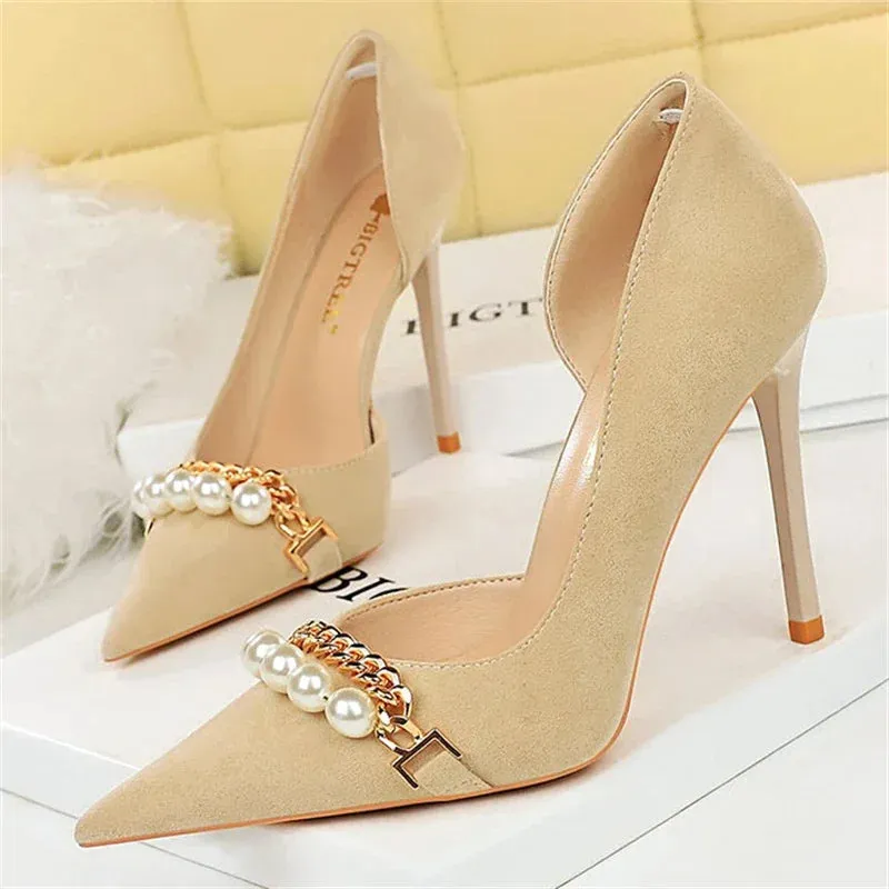 Women Pumps High Heel Pointed toe Elegant Pearl Metal Chain Hollowed Out Banquet Shoes