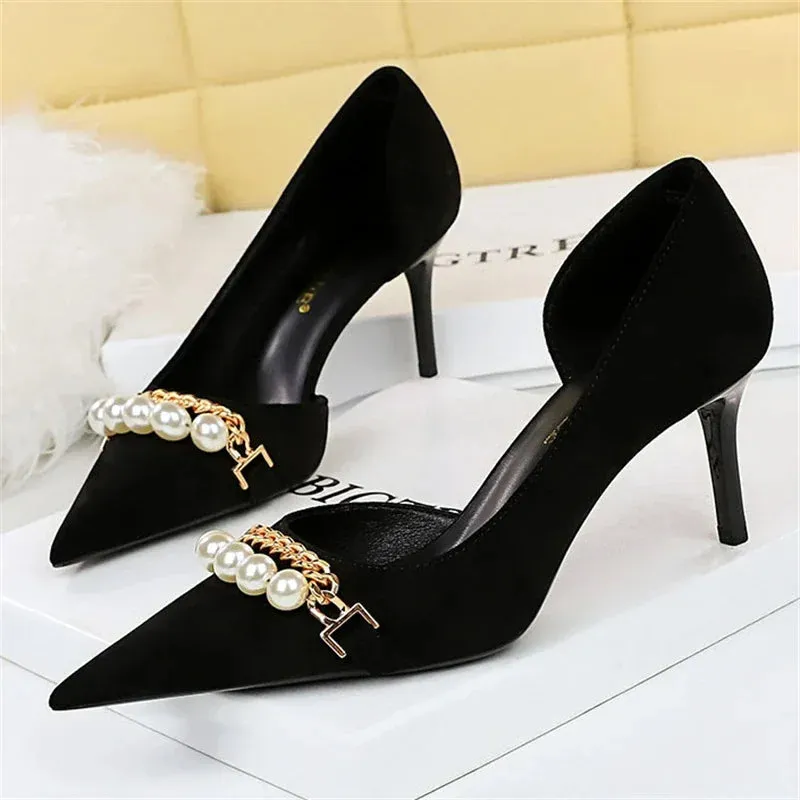 Women Pumps High Heel Pointed toe Elegant Pearl Metal Chain Hollowed Out Banquet Shoes