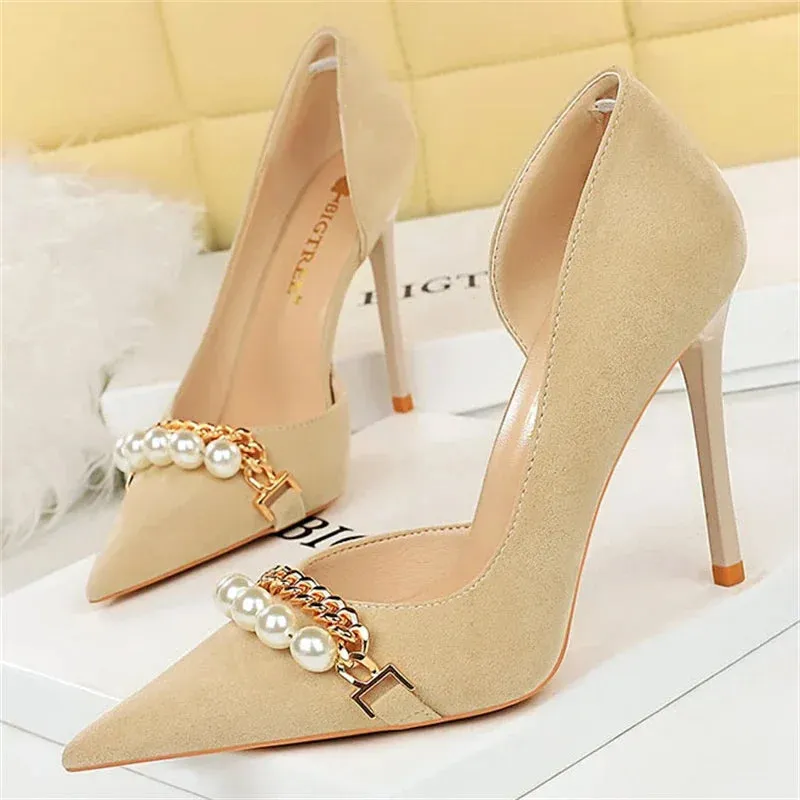 Women Pumps High Heel Pointed toe Elegant Pearl Metal Chain Hollowed Out Banquet Shoes