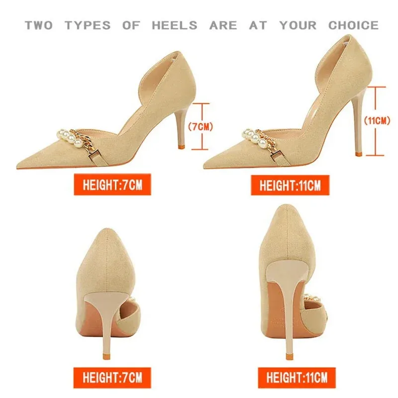 Women Pumps High Heel Pointed toe Elegant Pearl Metal Chain Hollowed Out Banquet Shoes
