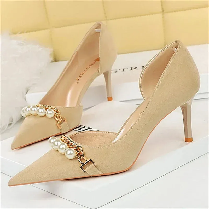 Women Pumps High Heel Pointed toe Elegant Pearl Metal Chain Hollowed Out Banquet Shoes