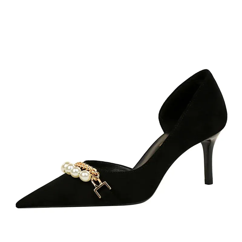 Women Pumps High Heel Pointed toe Elegant Pearl Metal Chain Hollowed Out Banquet Shoes