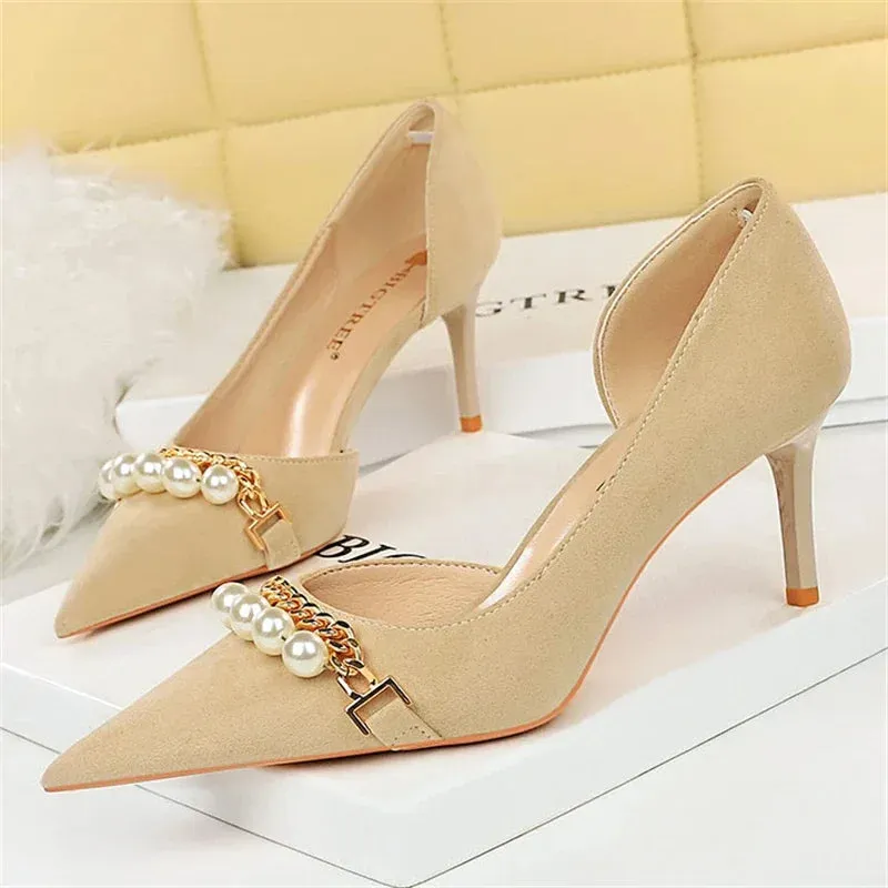 Women Pumps High Heel Pointed toe Elegant Pearl Metal Chain Hollowed Out Banquet Shoes